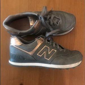 New Balance 574 Gray/Gold Leather Sneakers 9